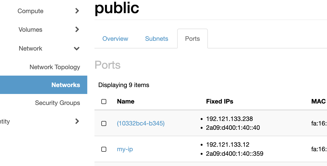 Network detail, Ports tab