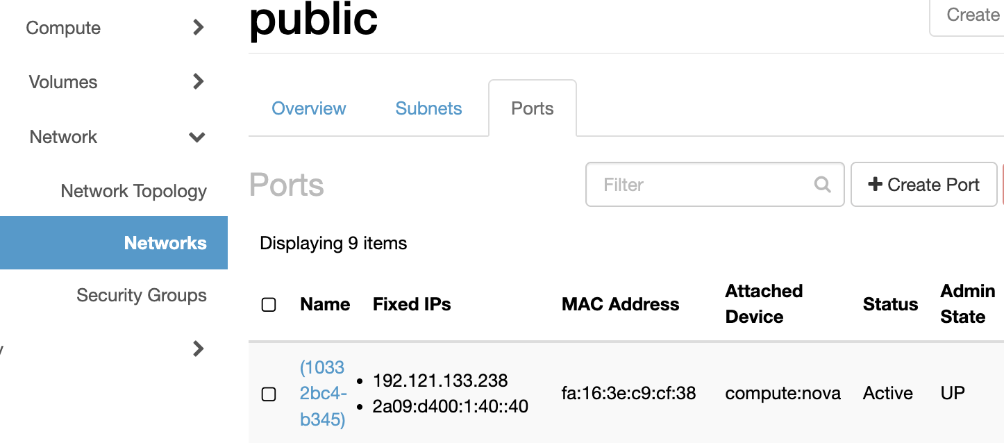 Ports tab with Create Port button